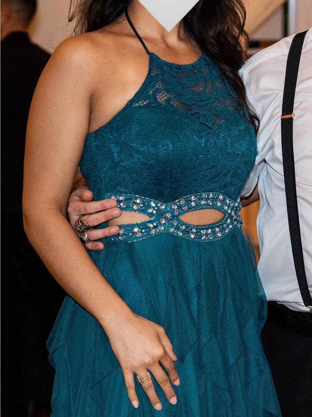 TeezeMe Sleeveless Teal Lace & Tulle Halter Dress with Embellished Cutout Waist